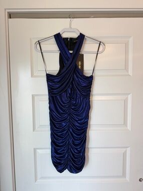 DO+BE Shimmering Royal Blue Ruched Cross-Back Mini Dress